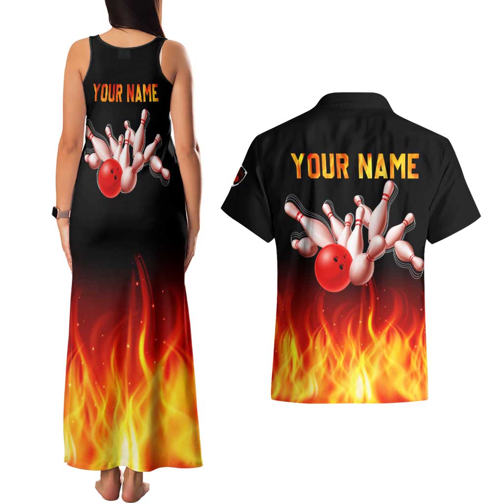 Bowling Ball and Pins Design Couples Matching Tank Maxi Dress and Hawaiian Shirt with Flame Background and Custom Team Name Text - Wonder Print Shop