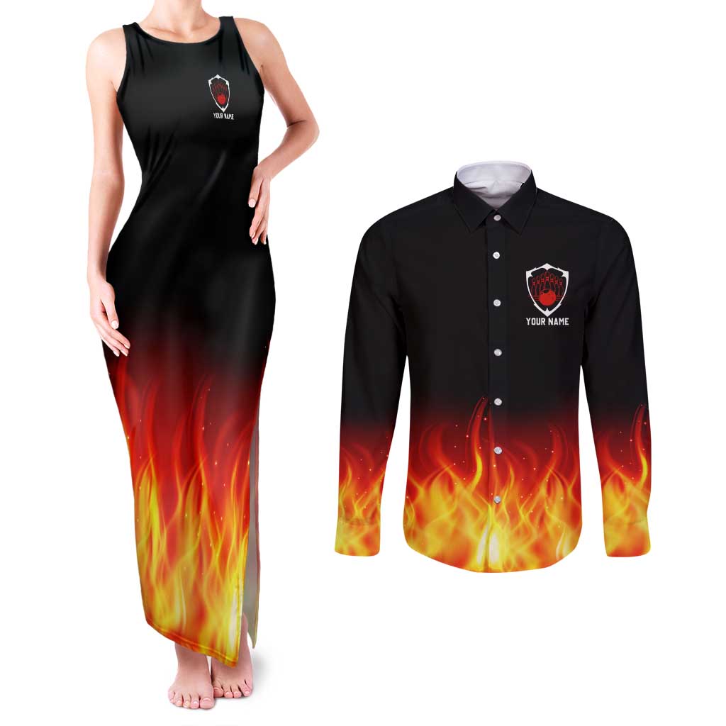 Bowling Ball and Pins Design Couples Matching Tank Maxi Dress and Long Sleeve Button Shirt with Flame Background and Custom Team Name Text - Wonder Print Shop