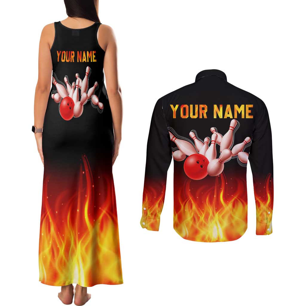 Bowling Ball and Pins Design Couples Matching Tank Maxi Dress and Long Sleeve Button Shirt with Flame Background and Custom Team Name Text - Wonder Print Shop