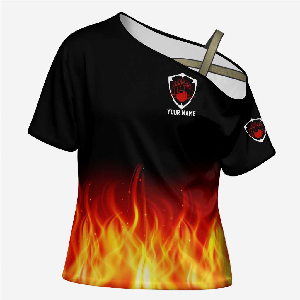 Bowling Ball and Pins Design Cross Shoulder Shirt with Flame Background and Custom Team Name Text - Wonder Print Shop
