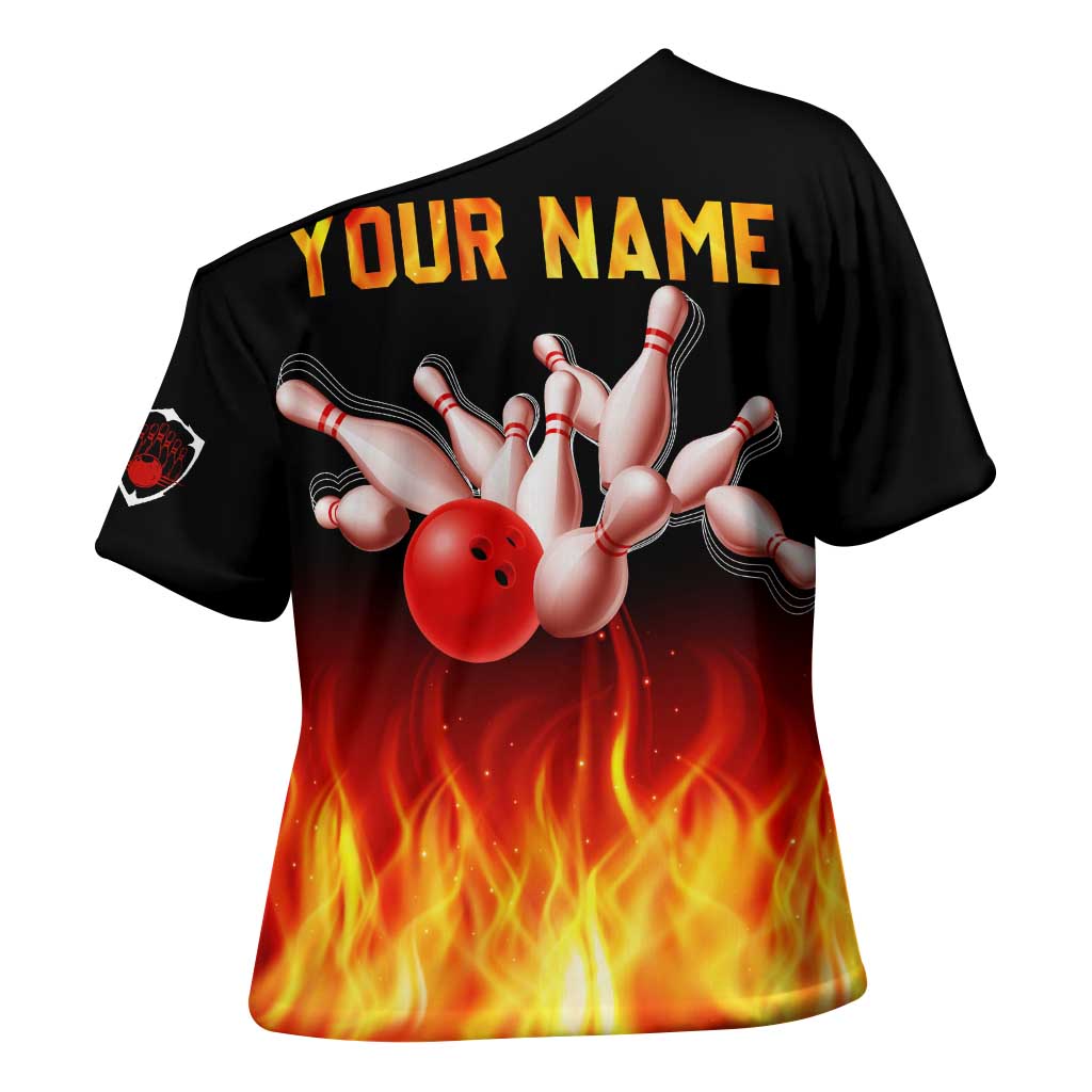 Bowling Ball and Pins Design Cross Shoulder Shirt with Flame Background and Custom Team Name Text - Wonder Print Shop