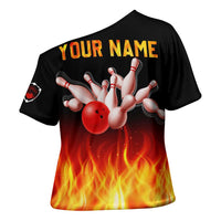 Bowling Ball and Pins Design Cross Shoulder Shirt with Flame Background and Custom Team Name Text - Wonder Print Shop