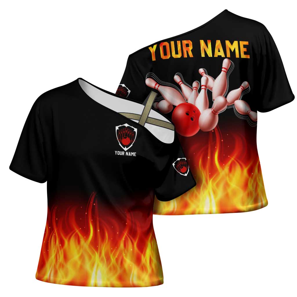 Bowling Ball and Pins Design Cross Shoulder Shirt with Flame Background and Custom Team Name Text - Wonder Print Shop