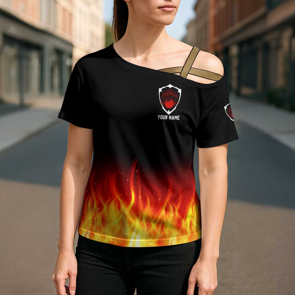 Bowling Ball and Pins Design Cross Shoulder Shirt with Flame Background and Custom Team Name Text - Wonder Print Shop