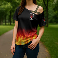 Bowling Ball and Pins Design Cross Shoulder Shirt with Flame Background and Custom Team Name Text - Wonder Print Shop