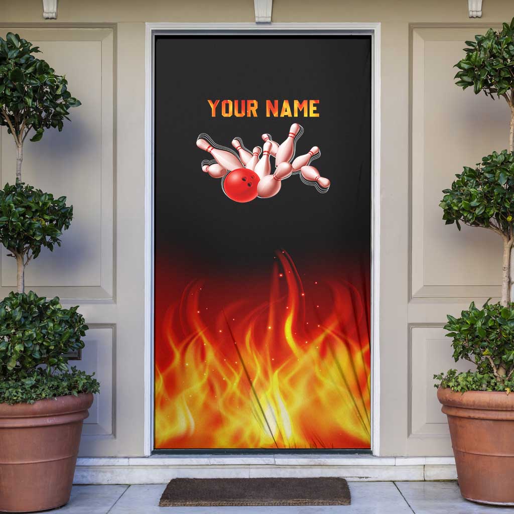 Bowling Ball and Pins Design Door Cover with Flame Background and Custom Team Name Text - Wonder Print Shop