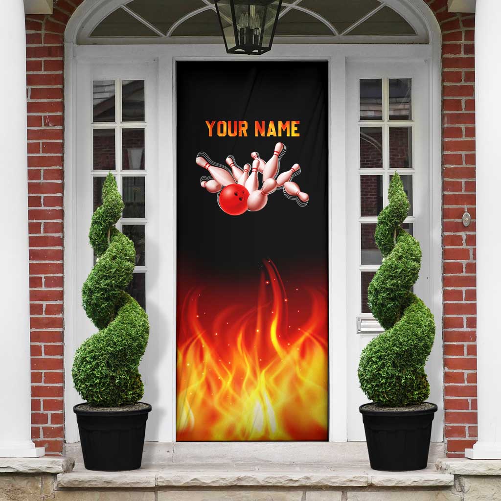 Bowling Ball and Pins Design Door Cover with Flame Background and Custom Team Name Text - Wonder Print Shop