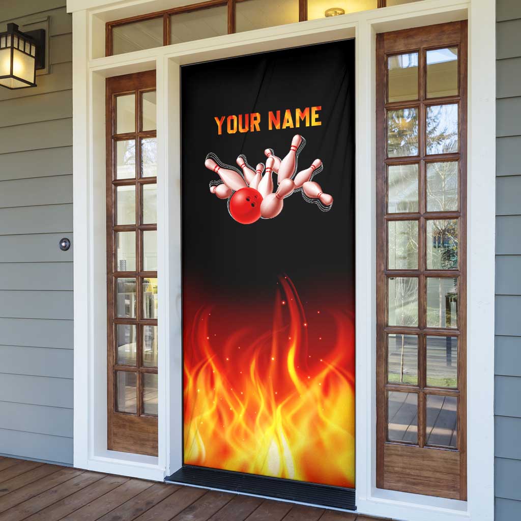Bowling Ball and Pins Design Door Cover with Flame Background and Custom Team Name Text - Wonder Print Shop