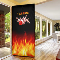 Bowling Ball and Pins Design Door Cover with Flame Background and Custom Team Name Text - Wonder Print Shop