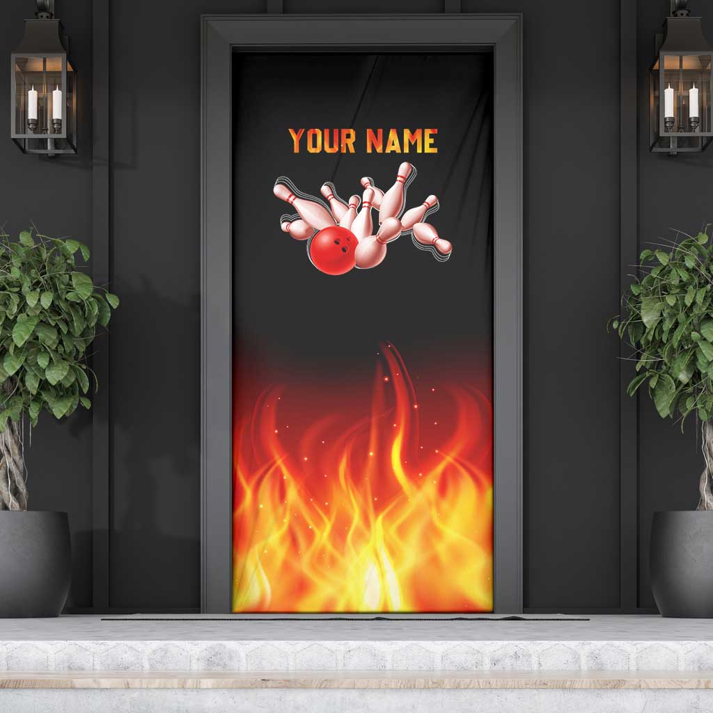 Bowling Ball and Pins Design Door Cover with Flame Background and Custom Team Name Text - Wonder Print Shop