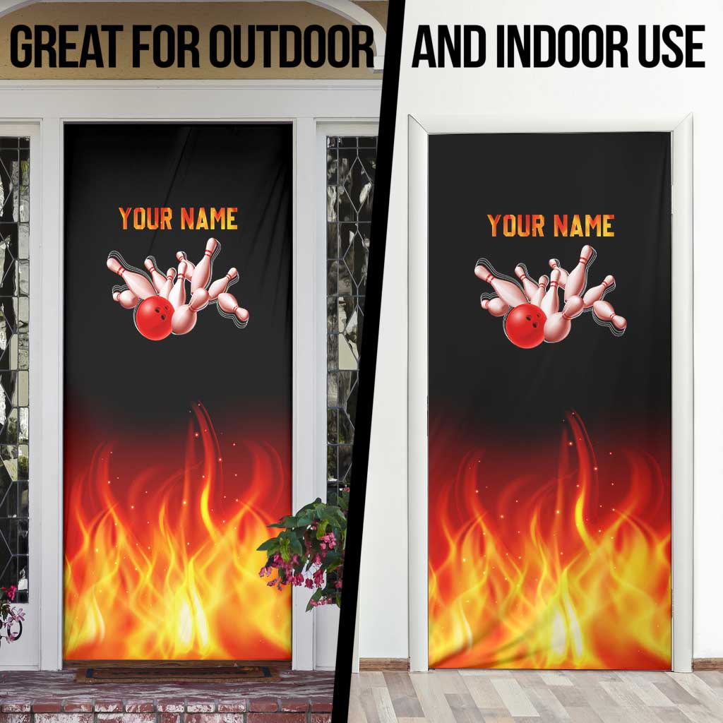 Bowling Ball and Pins Design Door Cover with Flame Background and Custom Team Name Text - Wonder Print Shop