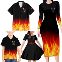 Bowling Ball and Pins Design Family Matching Long Sleeve Bodycon Dress and Hawaiian Shirt with Flame Background and Custom Team Name Text - Wonder Print Shop