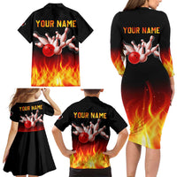 Bowling Ball and Pins Design Family Matching Long Sleeve Bodycon Dress and Hawaiian Shirt with Flame Background and Custom Team Name Text - Wonder Print Shop