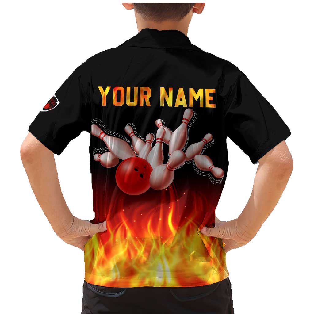 Bowling Ball and Pins Design Family Matching Mermaid Dress and Hawaiian Shirt with Flame Background and Custom Team Name Text - Wonder Print Shop