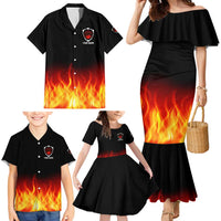 Bowling Ball and Pins Design Family Matching Mermaid Dress and Hawaiian Shirt with Flame Background and Custom Team Name Text - Wonder Print Shop