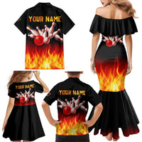 Bowling Ball and Pins Design Family Matching Mermaid Dress and Hawaiian Shirt with Flame Background and Custom Team Name Text - Wonder Print Shop