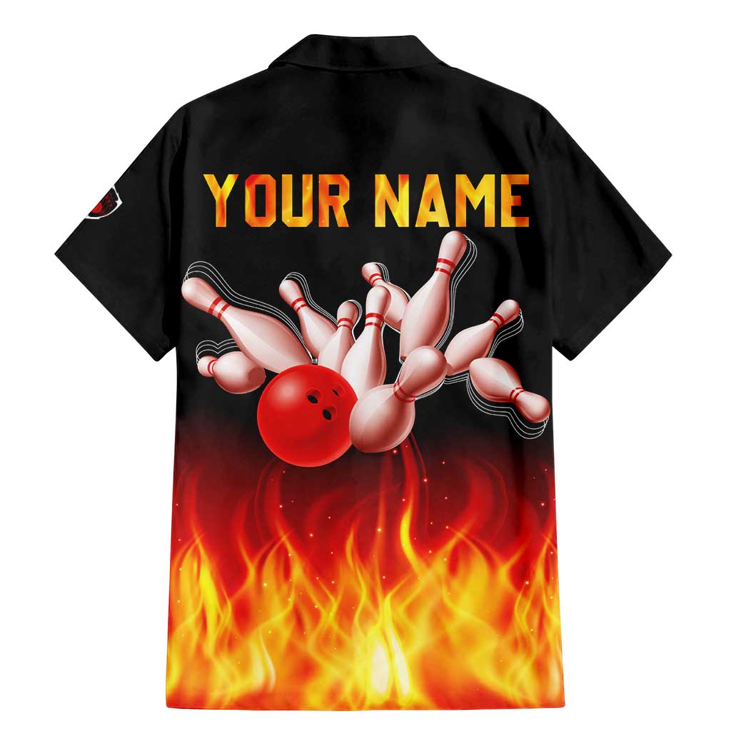 Bowling Ball and Pins Design Family Matching Mermaid Dress and Hawaiian Shirt with Flame Background and Custom Team Name Text - Wonder Print Shop
