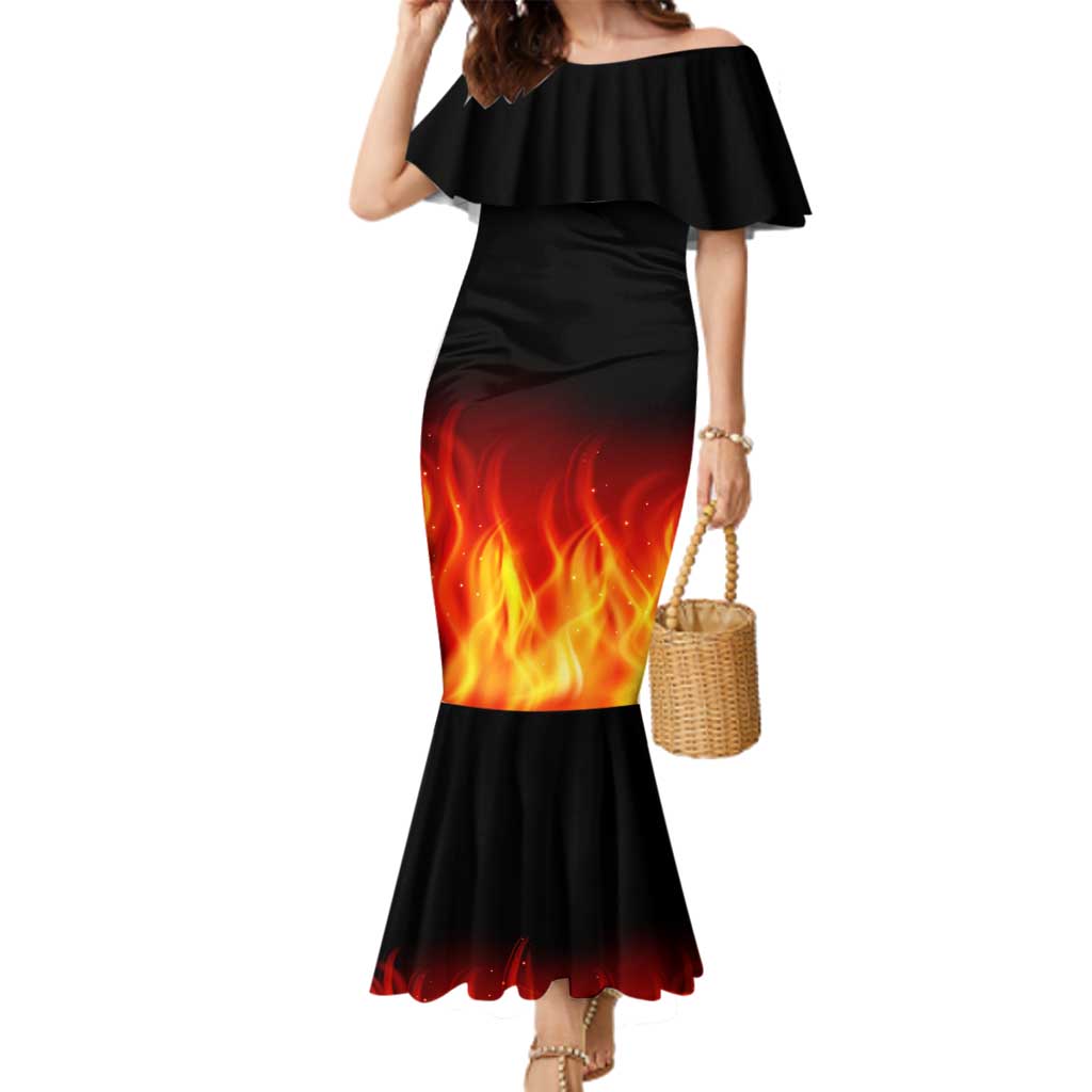 Bowling Ball and Pins Design Family Matching Mermaid Dress and Hawaiian Shirt with Flame Background and Custom Team Name Text - Wonder Print Shop