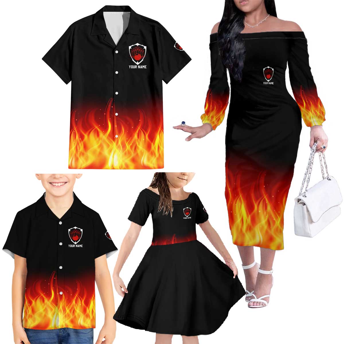 Bowling Ball and Pins Design Family Matching Off The Shoulder Long Sleeve Dress and Hawaiian Shirt with Flame Background and Custom Team Name Text - Wonder Print Shop
