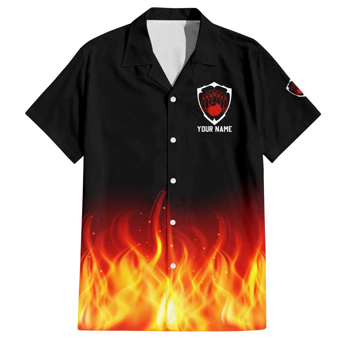 Bowling Ball and Pins Design Family Matching Off The Shoulder Long Sleeve Dress and Hawaiian Shirt with Flame Background and Custom Team Name Text - Wonder Print Shop