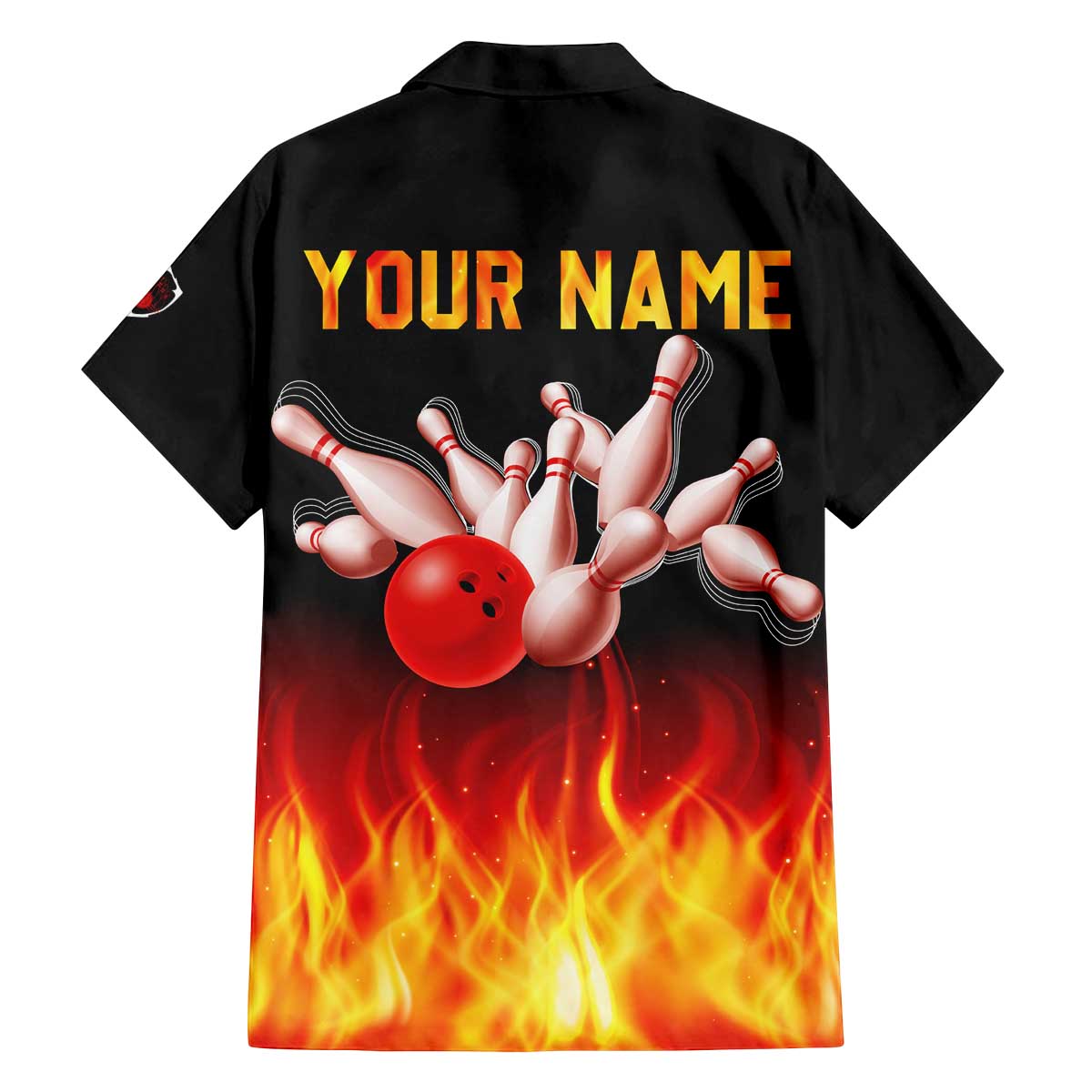 Bowling Ball and Pins Design Family Matching Off The Shoulder Long Sleeve Dress and Hawaiian Shirt with Flame Background and Custom Team Name Text - Wonder Print Shop