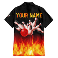 Bowling Ball and Pins Design Family Matching Off The Shoulder Long Sleeve Dress and Hawaiian Shirt with Flame Background and Custom Team Name Text - Wonder Print Shop
