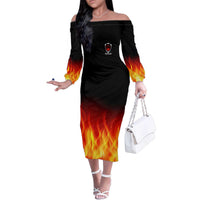 Bowling Ball and Pins Design Family Matching Off The Shoulder Long Sleeve Dress and Hawaiian Shirt with Flame Background and Custom Team Name Text - Wonder Print Shop