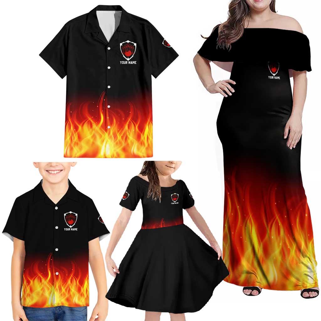 Bowling Ball and Pins Design Family Matching Off Shoulder Maxi Dress and Hawaiian Shirt with Flame Background and Custom Team Name Text - Wonder Print Shop