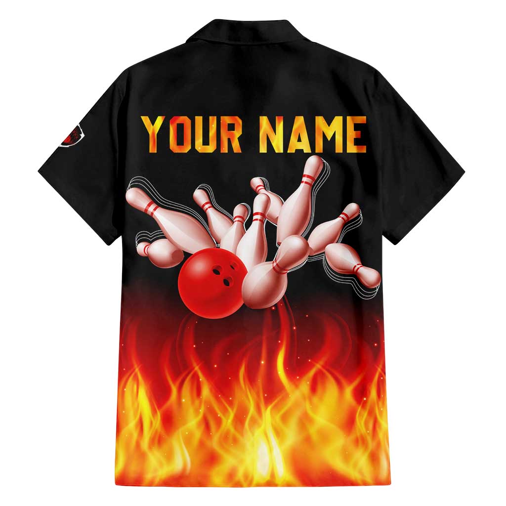 Bowling Ball and Pins Design Family Matching Off Shoulder Maxi Dress and Hawaiian Shirt with Flame Background and Custom Team Name Text - Wonder Print Shop