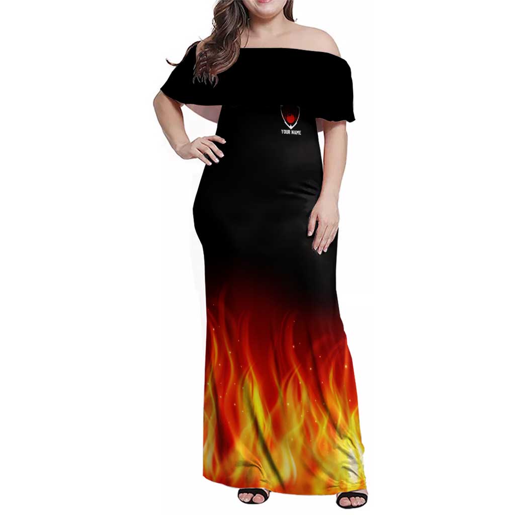 Bowling Ball and Pins Design Family Matching Off Shoulder Maxi Dress and Hawaiian Shirt with Flame Background and Custom Team Name Text - Wonder Print Shop