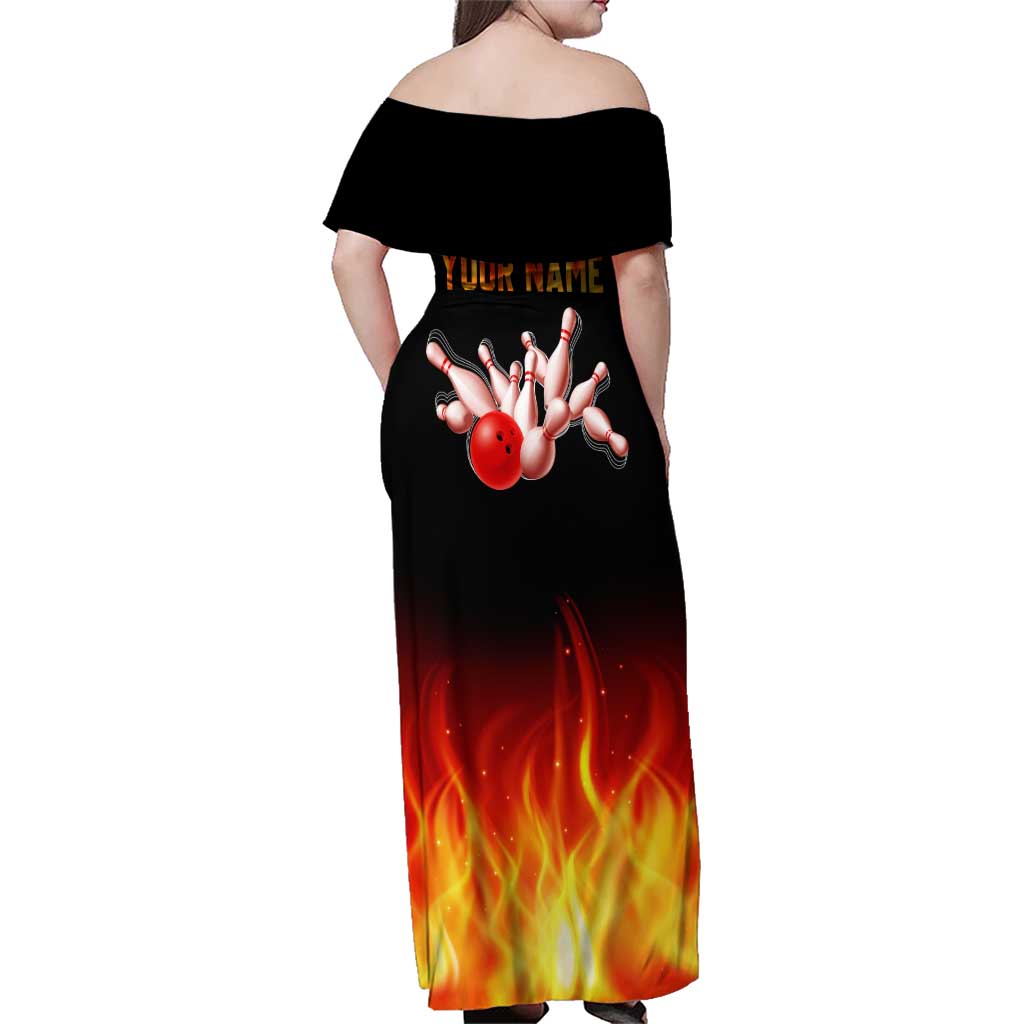 Bowling Ball and Pins Design Family Matching Off Shoulder Maxi Dress and Hawaiian Shirt with Flame Background and Custom Team Name Text - Wonder Print Shop