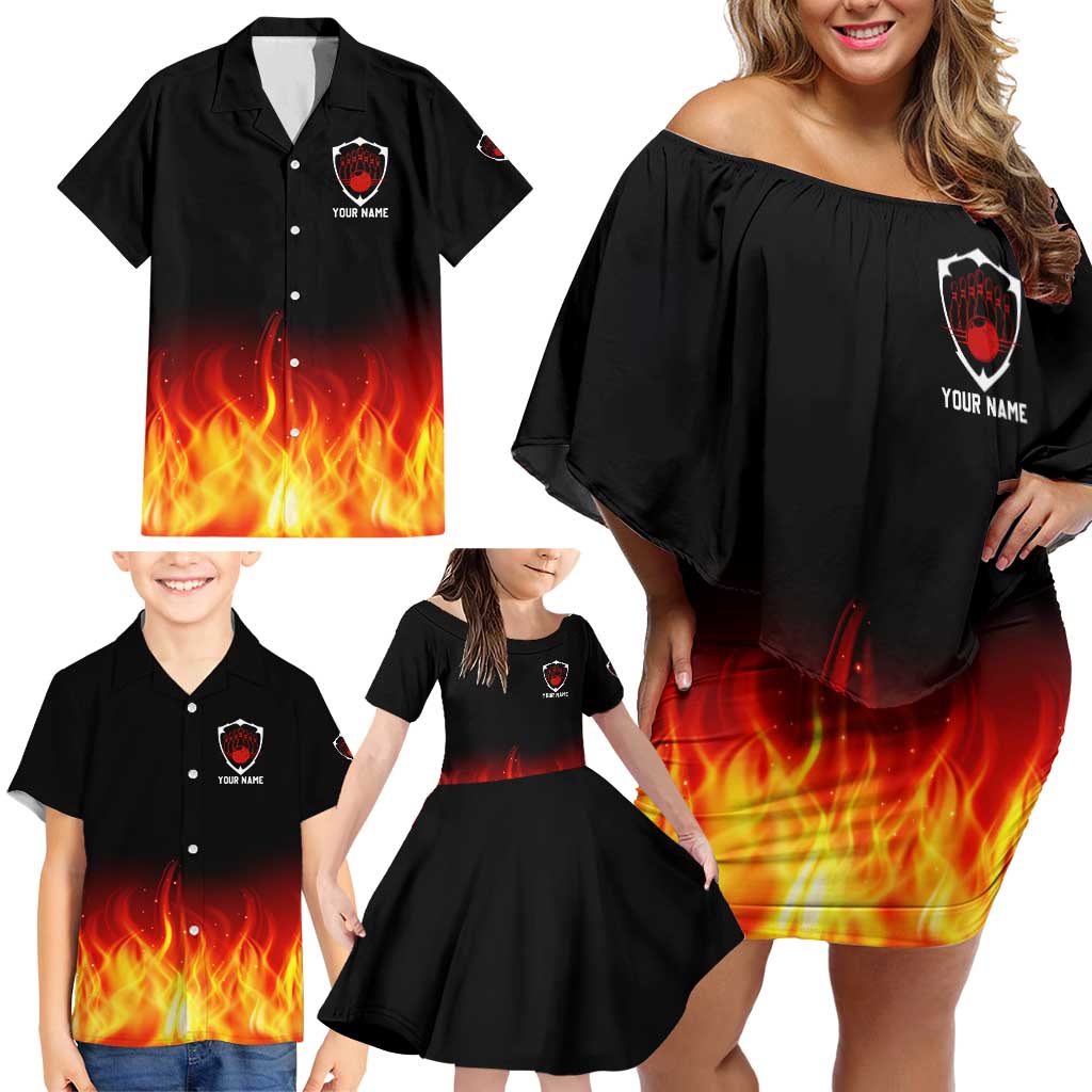 Bowling Ball and Pins Design Family Matching Off Shoulder Short Dress and Hawaiian Shirt with Flame Background and Custom Team Name Text - Wonder Print Shop