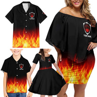 Bowling Ball and Pins Design Family Matching Off Shoulder Short Dress and Hawaiian Shirt with Flame Background and Custom Team Name Text - Wonder Print Shop