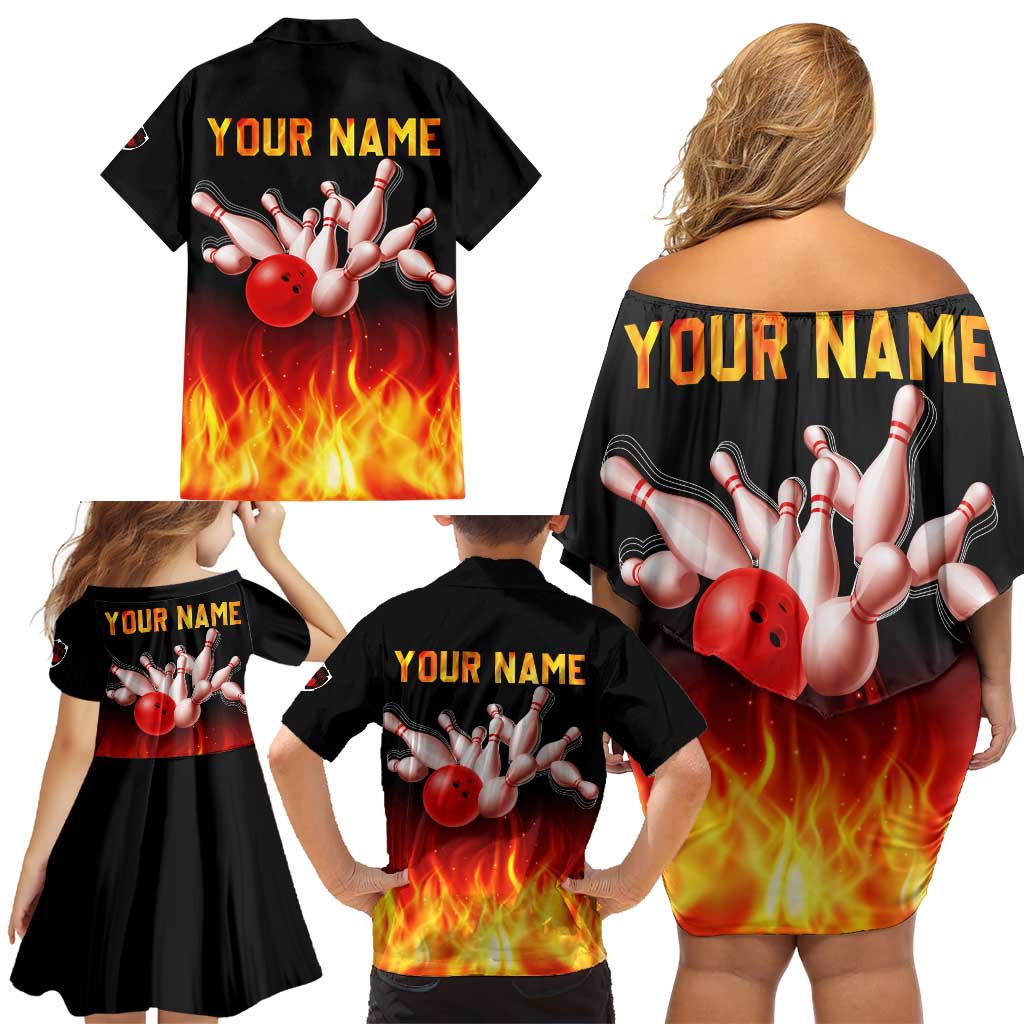 Bowling Ball and Pins Design Family Matching Off Shoulder Short Dress and Hawaiian Shirt with Flame Background and Custom Team Name Text - Wonder Print Shop