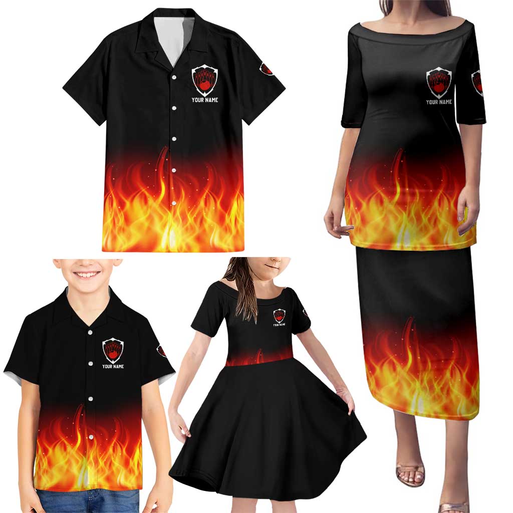 Bowling Ball and Pins Design Family Matching Puletasi and Hawaiian Shirt with Flame Background and Custom Team Name Text - Wonder Print Shop