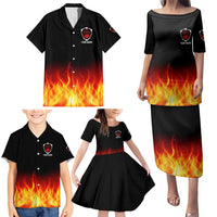 Bowling Ball and Pins Design Family Matching Puletasi and Hawaiian Shirt with Flame Background and Custom Team Name Text - Wonder Print Shop