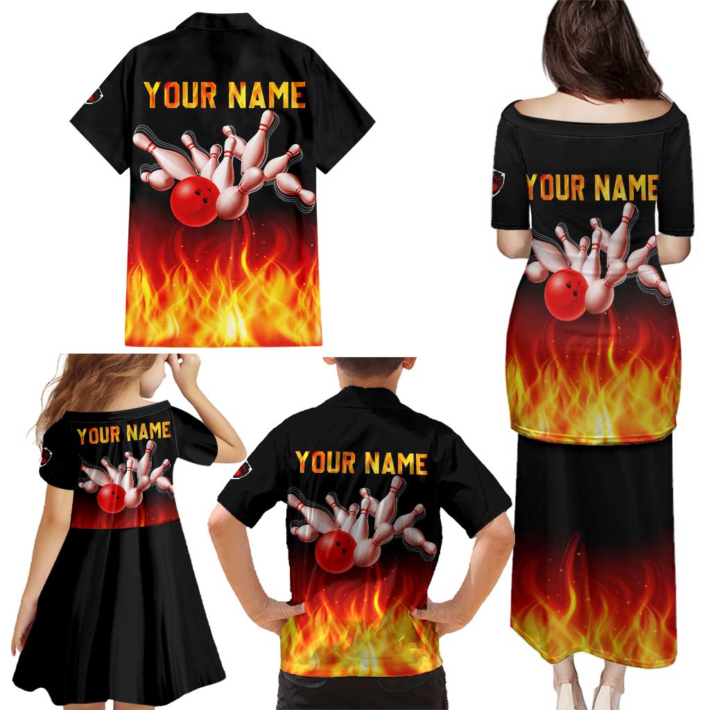 Bowling Ball and Pins Design Family Matching Puletasi and Hawaiian Shirt with Flame Background and Custom Team Name Text - Wonder Print Shop