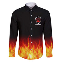 Bowling Ball and Pins Design Family Matching Puletasi and Hawaiian Shirt with Flame Background and Custom Team Name Text - Wonder Print Shop