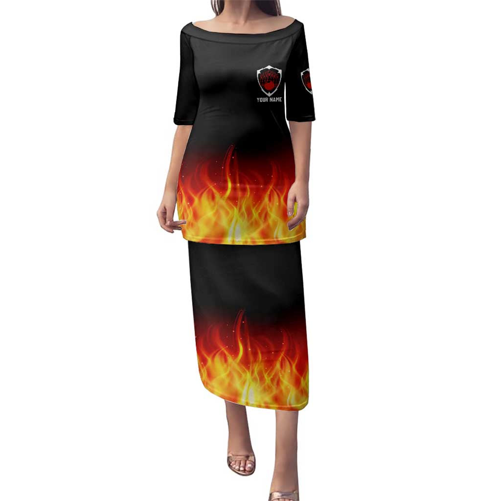 Bowling Ball and Pins Design Family Matching Puletasi and Hawaiian Shirt with Flame Background and Custom Team Name Text - Wonder Print Shop