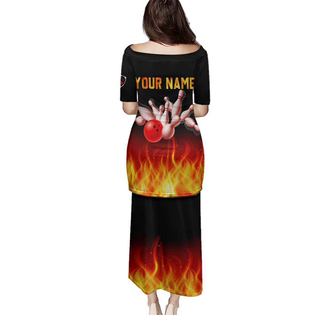 Bowling Ball and Pins Design Family Matching Puletasi and Hawaiian Shirt with Flame Background and Custom Team Name Text - Wonder Print Shop