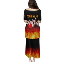 Bowling Ball and Pins Design Family Matching Puletasi and Hawaiian Shirt with Flame Background and Custom Team Name Text - Wonder Print Shop