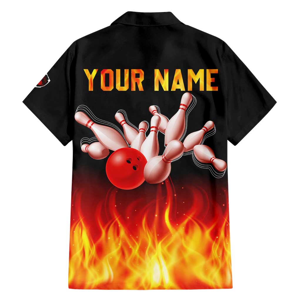 Bowling Ball and Pins Design Family Matching Short Sleeve Bodycon Dress and Hawaiian Shirt with Flame Background and Custom Team Name Text - Wonder Print Shop