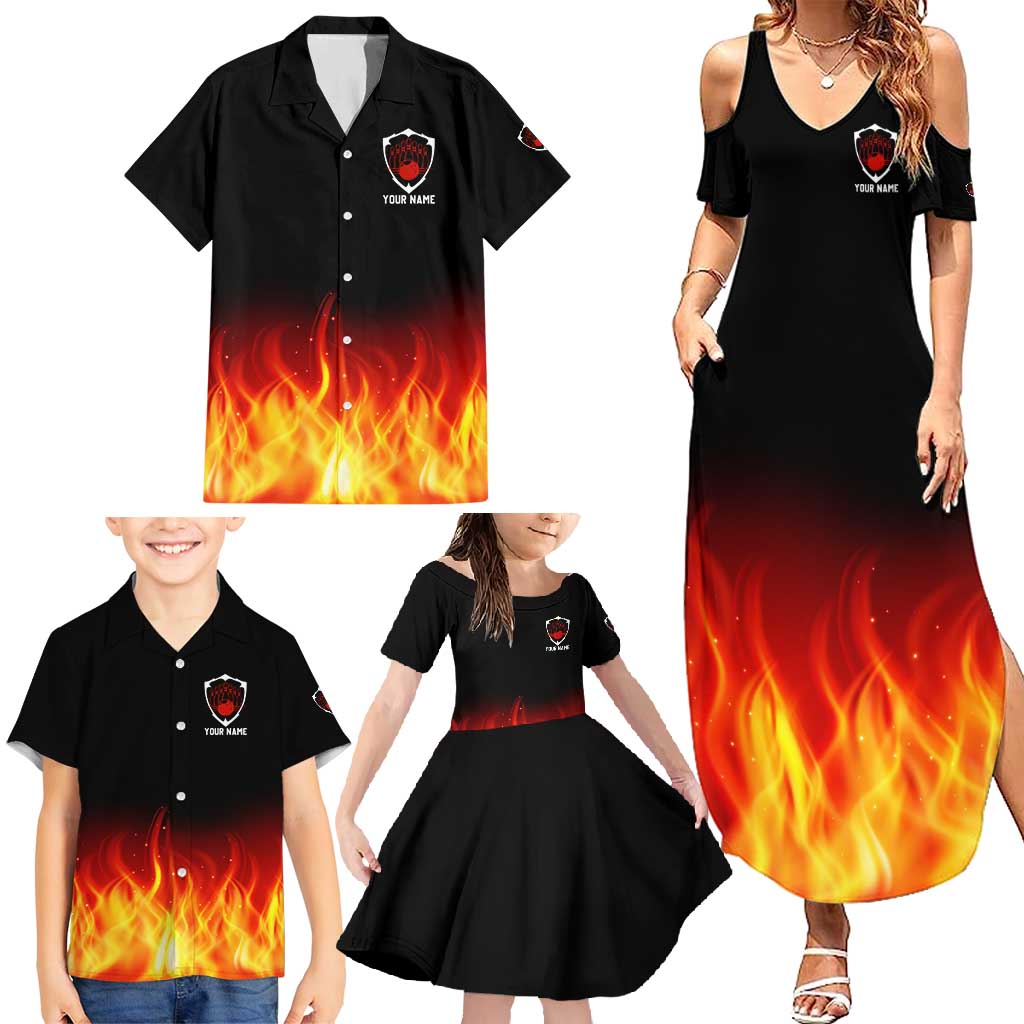 Bowling Ball and Pins Design Family Matching Summer Maxi Dress and Hawaiian Shirt with Flame Background and Custom Team Name Text - Wonder Print Shop