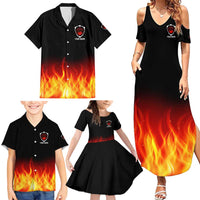 Bowling Ball and Pins Design Family Matching Summer Maxi Dress and Hawaiian Shirt with Flame Background and Custom Team Name Text - Wonder Print Shop