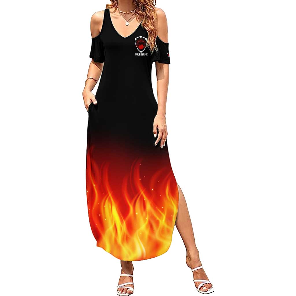 Bowling Ball and Pins Design Family Matching Summer Maxi Dress and Hawaiian Shirt with Flame Background and Custom Team Name Text - Wonder Print Shop