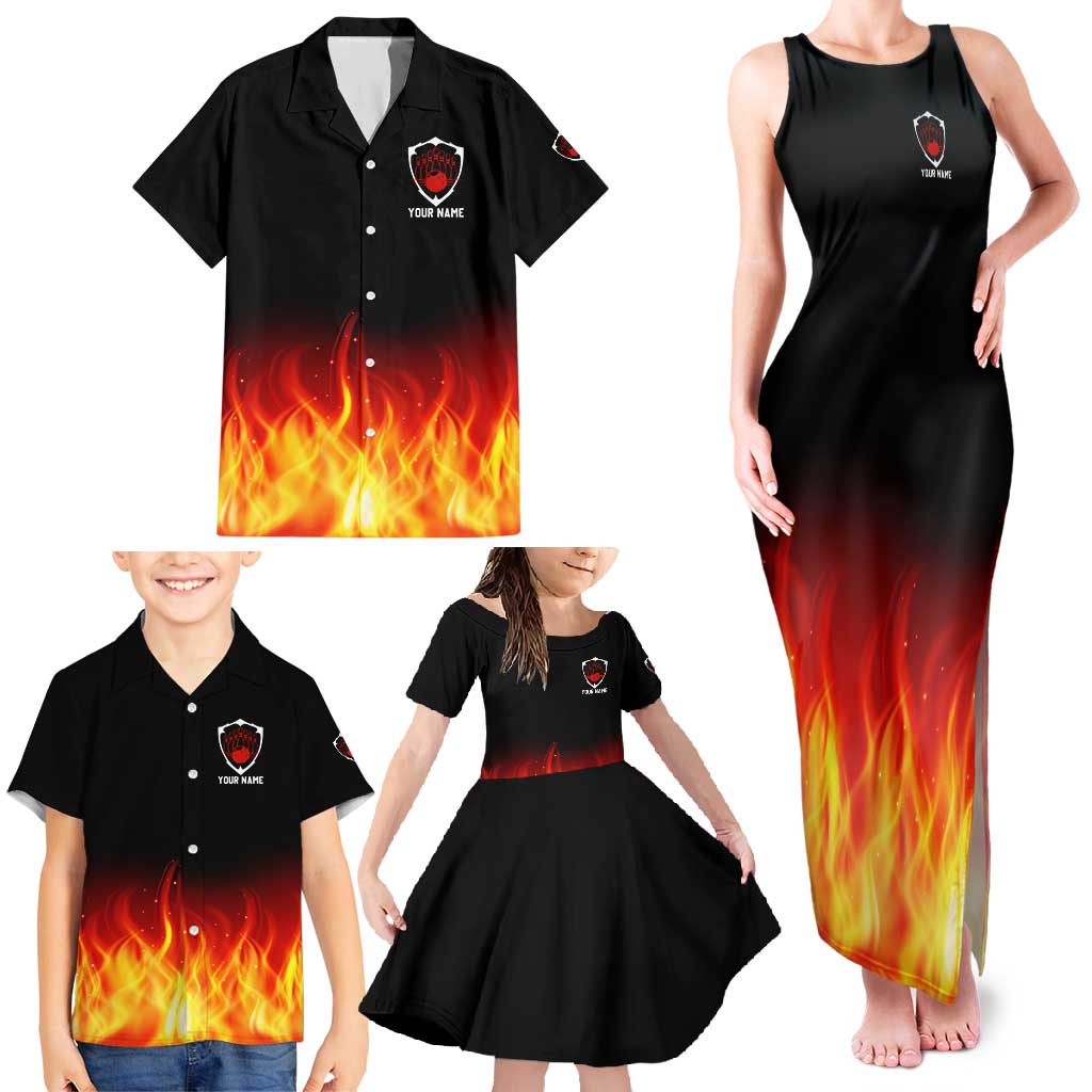 Bowling Ball and Pins Design Family Matching Tank Maxi Dress and Hawaiian Shirt with Flame Background and Custom Team Name Text - Wonder Print Shop