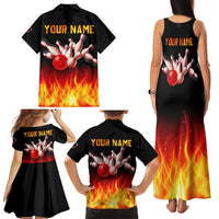 Bowling Ball and Pins Design Family Matching Tank Maxi Dress and Hawaiian Shirt with Flame Background and Custom Team Name Text - Wonder Print Shop