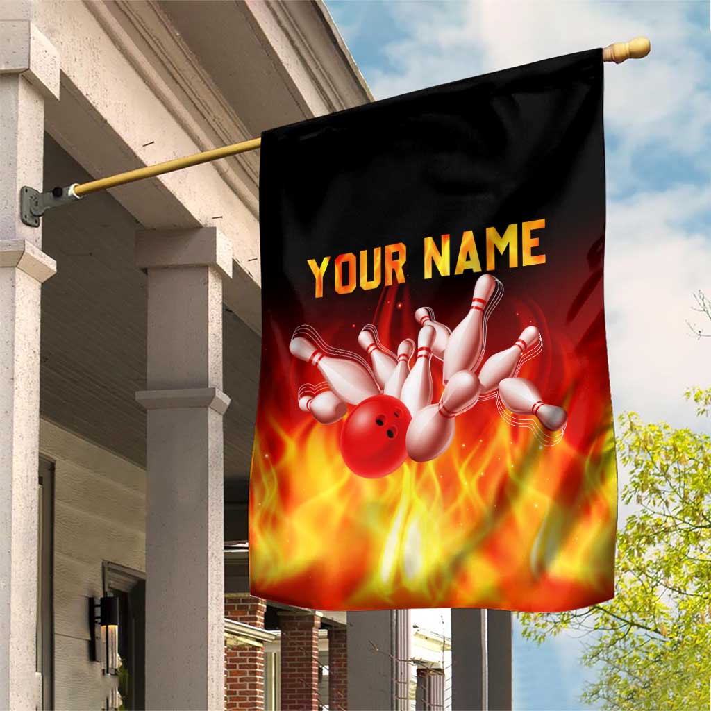 Bowling Ball and Pins Design Garden Flag with Flame Background and Custom Team Name Text - Wonder Print Shop