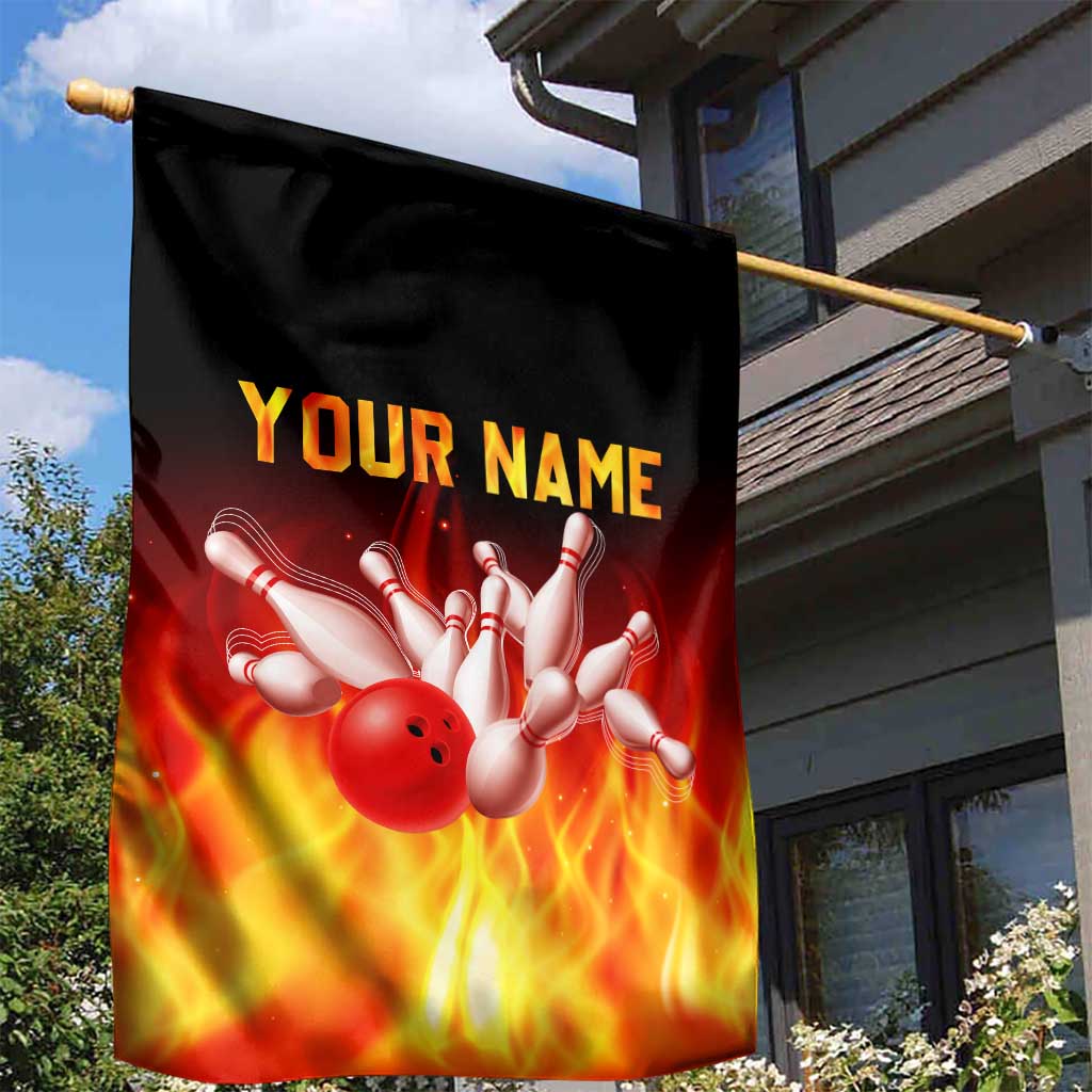 Bowling Ball and Pins Design Garden Flag with Flame Background and Custom Team Name Text - Wonder Print Shop