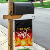 Bowling Ball and Pins Design Garden Flag with Flame Background and Custom Team Name Text - Wonder Print Shop